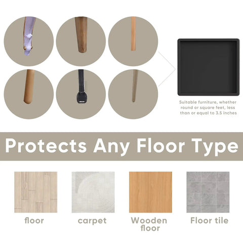 Non Slip Square Rubber Furniture Pads Three And A Half Inch Caster Cups Set Of Twelve For Hardwood Tile Laminate And Carpet Floor Protection Heavy Duty Anti Scratch Guards shown on different floor types and furniture legs