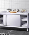 Built Tough Heavy Duty Prep Workbench With Sliding Doors Rust Resistant Stainless Steel Kitchen Table And Plenty Of Storage Cabinet for food prep.