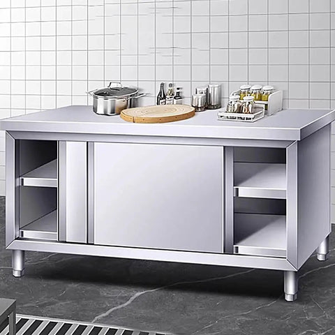 Built Tough Heavy Duty Prep Workbench With Sliding Doors Rust Resistant Stainless Steel Kitchen Table And Plenty Of Storage Cabinet for food prep.