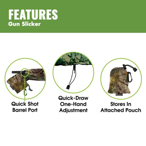 Features of Heavy Duty Weatherproof Long Rifle And Shotgun Slicker, including barrel port, quick adjustment, and pouch storage