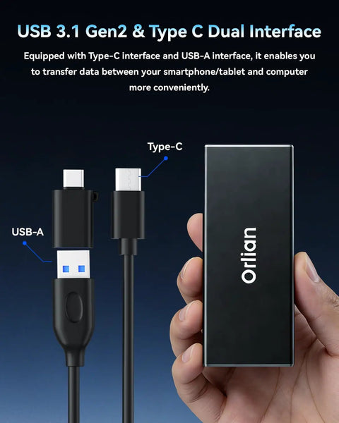 500GB External Portable SSD USB 3.1 Gen 2 Up To 500MB/s Read And 450MB/s Write with USB-A and Type-C cables in hand