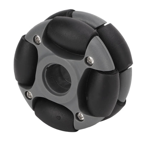 Omni wheel 48mm with double-row black rollers and gray hub; close-up view for robotics projects.