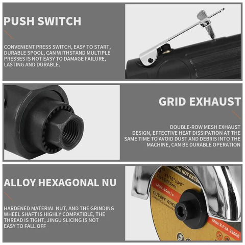 3 Inch Pneumatic Cut Off Tool With 5 Piece 3 Inch Cutting Disc Set Includes HSS Saw Blade Wrench And One Quarter Inch NPT Air Fitting 20000 RPM Free Speed Ideal For Metal Fabrication And DIY Projects, featuring push switch, grid exhaust, and alloy hexagonal nut.