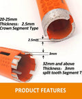 BGTEC diamond core drill bit, 45mm (1-3/4 inch), orange laser-welded hole saw with vacuum-brazed diamond segments