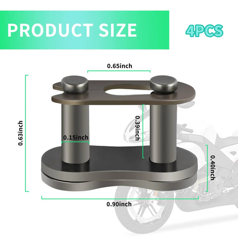 Heavy Duty 420 Chain Master Link With Quiet Roller Design for Motorcycle and Dirt Bike, showing precise dimensions and universal fit.