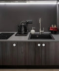 Modern kitchen with Four Pack Stick On Self Adhesive Cabinet Knobs Silver Stainless Steel Drawer Pulls on dark wood cabinets.