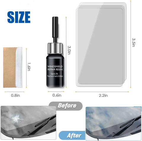 Two Bottle Nano Glass Crack Repair Kit With Quick Repair Liquid For Chips And Cracks, showing before and after windshield fix.