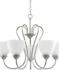 Five Light Etched Glass Farmhouse Chandelier In Brushed Nickel Finish With Scroll Arms, angled view, focus on design details
