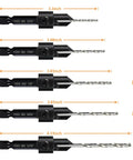 Side view of 5 Piece Woodworking Countersink Counterbore Drill Bit Set 3 In 1 For Flush Screws 6 To 16, M2 Pilot Bits with measurements