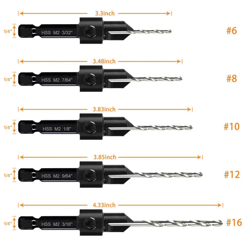 Side view of 5 Piece Woodworking Countersink Counterbore Drill Bit Set 3 In 1 For Flush Screws 6 To 16, M2 Pilot Bits with measurements