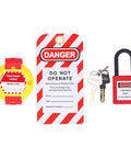 Self Adhesive Electric Panel Lockout Kit with 13 Hole Strap and Two Clips, padlock, and danger tag for safe maintenance.
