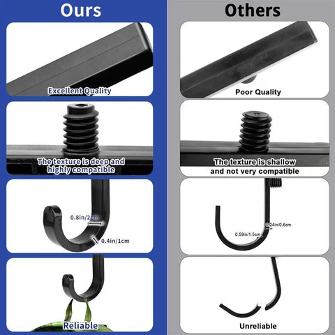 Comparison between Six Pack Heavy Duty ABS Storage Shed Hooks and others, showing hook size, quality, strength, and reliability.