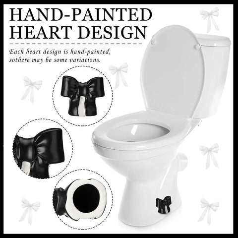 Black Coquette Bow Toilet Bolt Covers Set Of Two - Durable Ceramic Screw Nut Caps For Bathrooms - Cute Replacement Parts with hand-painted design.