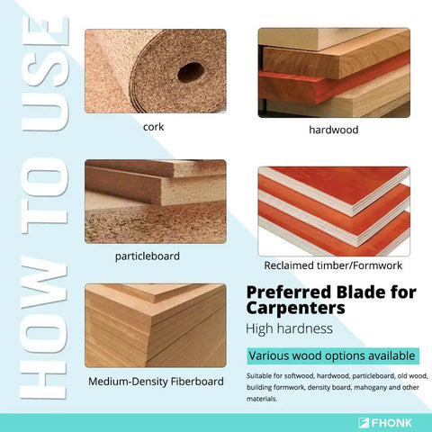 Image showing different wood types: cork, hardwood, particleboard, reclaimed timber, medium-density fiberboard for 12mm square straight carbide cutters use.