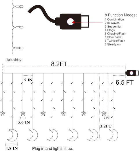 Diagram of Ramadan Curtain Fairy Lights With Remote, 138 LED 8.2ft By 3.2ft Star And Moon Shaped String Lights, warm white