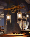 Retro Wood Pendant Lighting Fixture With Glass Shade And Black Metal Cage Frame in a cafe setting, illuminating the area