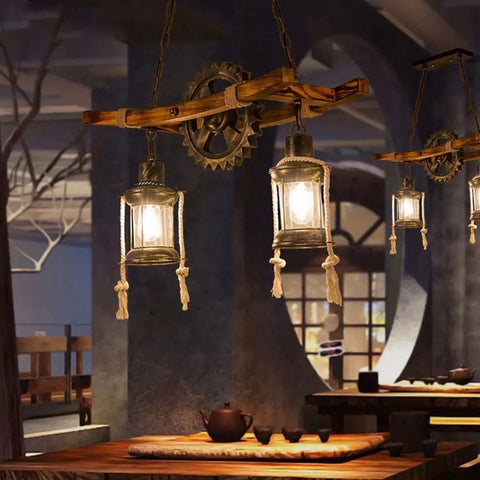 Retro Wood Pendant Lighting Fixture With Glass Shade And Black Metal Cage Frame in a cafe setting, illuminating the area