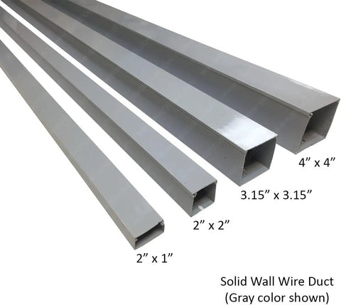 Various sizes of solid wall wire ducts in gray, including 2 Inch by 2 Inch Solid Wall Wire Duct PVC Cable Raceway White 39 Feet Total In 6 Sticks Pre Drilled.