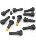 10 Pack TR413 Rubber Snap-In Tire Valve Stems For 0.453 Inch Tubeless Rims, shown with brass cores and rubber bodies