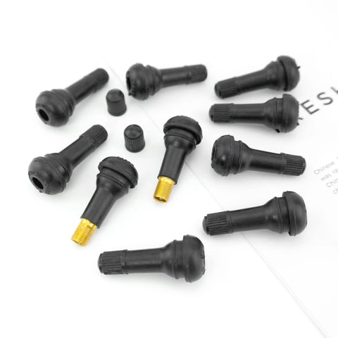 10 Pack TR413 Rubber Snap-In Tire Valve Stems For 0.453 Inch Tubeless Rims, shown with brass cores and rubber bodies