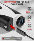 Close-up of Golf Rangefinder With Slope featuring charging port and battery indicators, 1200-Yard Laser, 7X Magnification.
