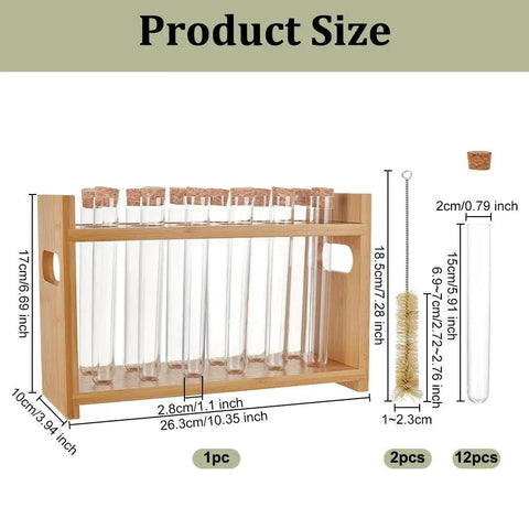 Wooden Test Tube Rack Kit With 12 Hole Holder And 12 Glass Tubes With Cork Stoppers 2 Tube Brushes And Corks Ten Point Four By Three Point Nine By Six Point Seven Inch Lab Gear For Chemistry Experiments And Science Class showing dimensions and components.