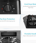 Control panel and features of 2 In 1 Desk Fan And Space Heater For All Year Comfort, Portable Air Circulator With 45 Degree Tilt, Black.