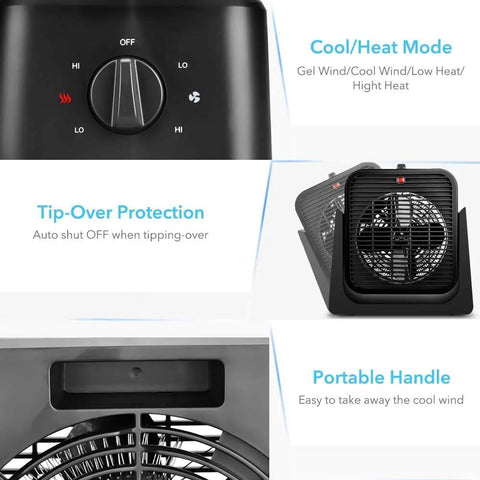 Control panel and features of 2 In 1 Desk Fan And Space Heater For All Year Comfort, Portable Air Circulator With 45 Degree Tilt, Black.