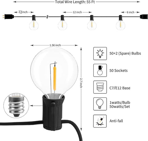 Diagram of Led Outdoor String Lights 55ft G40 Patio Lights With 52 Shatterproof Bulbs And Two Spares, E12 Socket, 2200K warm white