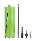 Heavy Duty 4 Inch Dry Core Drill Bit With Full Masonry Setup Featuring Quick Release Pilot Bit Drift Tool Plus Two Pro Grade Adapters.