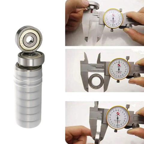608ZZ Double Shielded Miniature Ball Bearings Set Of Twenty Hardened Steel Axles measuring with calipers for precision.