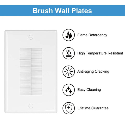 Two Pack Single Gang Brush Wall Plate With Sturdy Low Voltage Mounting Bracket Crisp White Facade showing flame retardant properties.