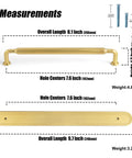Brushed Gold Cabinet Pulls With Backplate 6 Pack Zinc Alloy Kitchen Drawer Handles Crescent Wave Decorative Plate Hardware 7.6 Inch 192mm Hole Center For Cabinets And Furniture, showing measurements and details