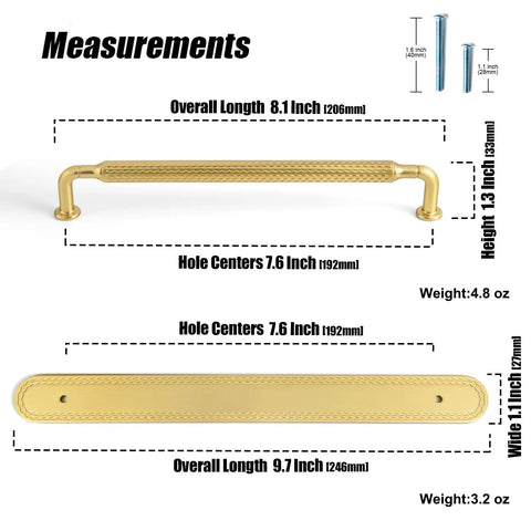 Brushed Gold Cabinet Pulls With Backplate 6 Pack Zinc Alloy Kitchen Drawer Handles Crescent Wave Decorative Plate Hardware 7.6 Inch 192mm Hole Center For Cabinets And Furniture, showing measurements and details
