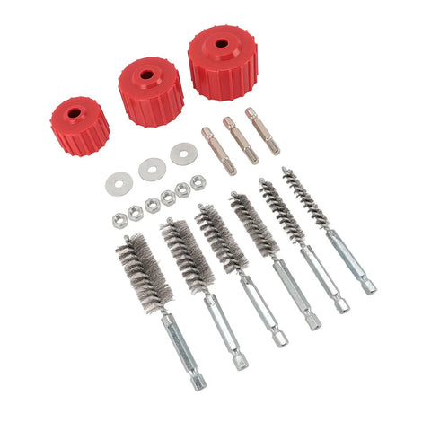 Power Drill Copper Pipe Cleaner Kit For Half Inch, Three Quarter Inch, And One Inch Tubes Cleaning Brush Set components