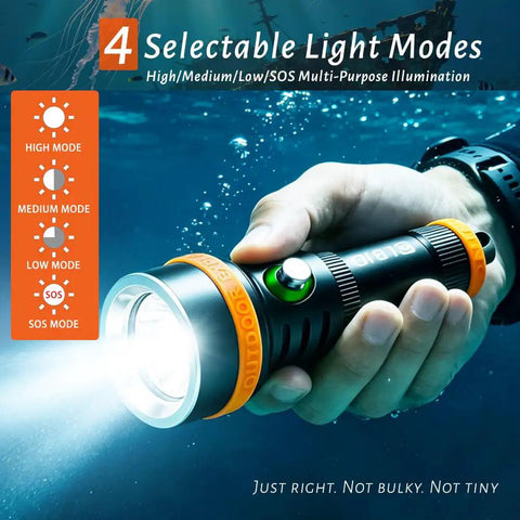 Crazy Bright Underwater Dive Light 1800 Lumens With 6 Degree Narrow Beam shown in hand underwater with 4 lighting modes