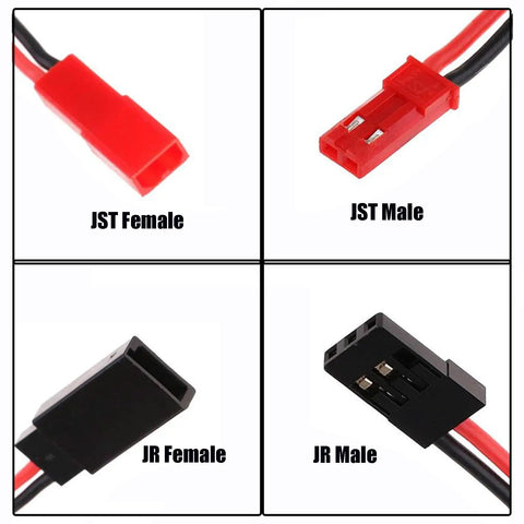 JST To JR Servo Cables Pack 5 Pairs 10cm 20AWG Silicone RC Wiring showing JST and JR male and female connectors
