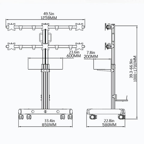 No Sweat Six Monitor Desk Cart With Adjustable Arms And Smooth Rolling Wheels dimensions diagram showing height and width specifications.