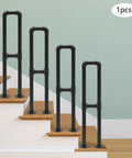 U Shaped Floor Standing Galvanized Steel Handrail Gives You Rock Solid Stability Through Smooth Non Slip Grip For Home Stairs Or Patio, shown on wooden stairs.