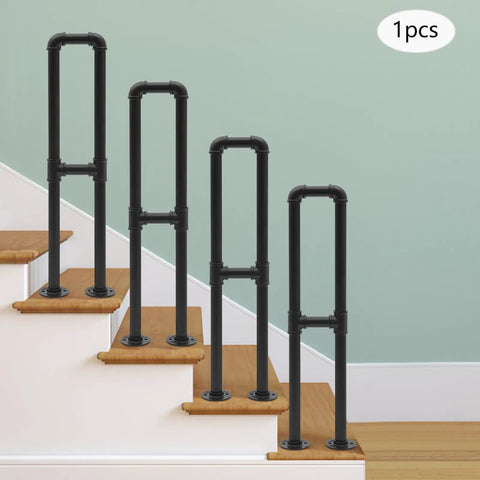 U Shaped Floor Standing Galvanized Steel Handrail Gives You Rock Solid Stability Through Smooth Non Slip Grip For Home Stairs Or Patio, shown on wooden stairs.