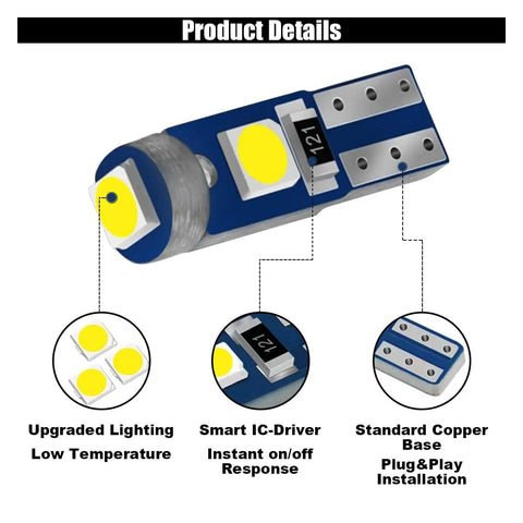 T5 LED Bulbs 12V Replacement For Car Dashboard Lights Canbus Error Free White 2721 3030 SMD Bright Dope Pack Of 12 details