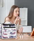 Woman using makeup near Aircraft Pattern Travel Toiletry Bag For Women And Men, Large Capacity 10.2 x 6.5 x 9.2 Inches
