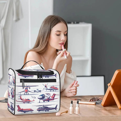 Woman using makeup near Aircraft Pattern Travel Toiletry Bag For Women And Men, Large Capacity 10.2 x 6.5 x 9.2 Inches