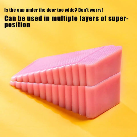 Eight Piece Rubber Door Stopper Wedge Set For Small Gaps Under 0.98 Inches compact pink wedges stacked on yellow background