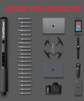 Mini Electric Screwdriver Set With 0.5 Nm Torque And 20 Precision S2 Steel Bits Featuring Bright Led Work Light and magnetic tray on gray background.