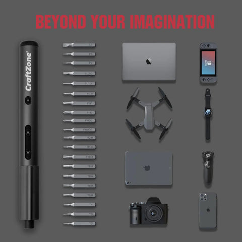 Mini Electric Screwdriver Set With 0.5 Nm Torque And 20 Precision S2 Steel Bits Featuring Bright Led Work Light and magnetic tray on gray background.