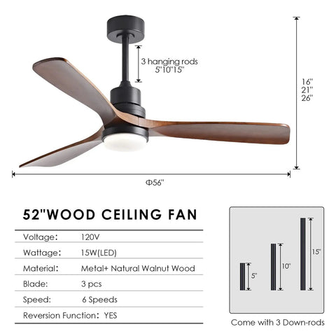 Diagram showing 52 Inch Wood Ceiling Fan With Lights And Remote Control Dope Modern Black Indoor Outdoor Ceiling Fan specifications.