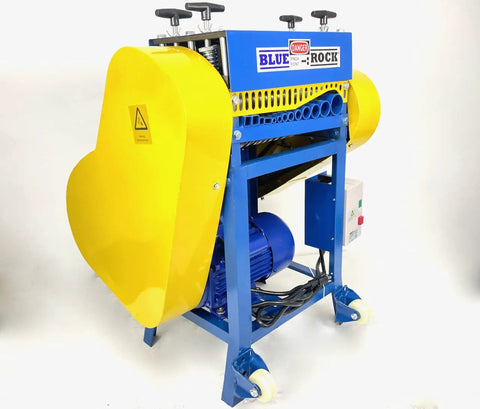 Model 930 Motorized Wire Stripper with auto feed, blue frame and yellow panels, designed for copper and cable reuse.