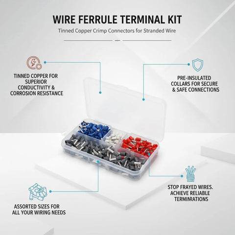 Top Shelf 200 Piece Wire Ferrule Kit With Tinned Copper Crimp Connectors For Stranded Wires And Assorted Pre Insulated Electrical Tube Terminals Plus Durable Storage Box For Secure Reliable Connections, assorted sizes in storage box