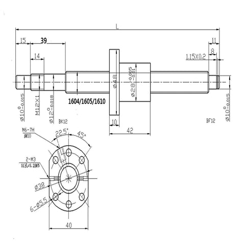 Technical drawing of Beefy Two Pack 500mm Linear Rail SBR16 and SFU1605 Ball Screw Set for CNC Machines with dimensions.